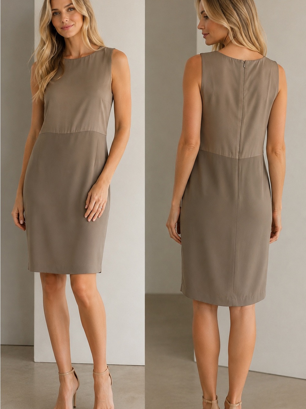 Vintage Neiman Marcus 100% Silk Sheath Dress Taupe Minimalist 14 quiet luxury